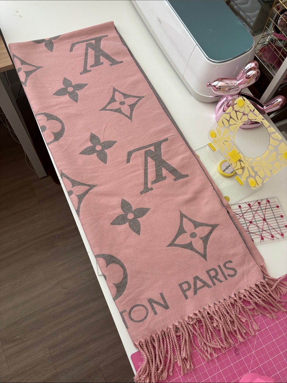 Louis Vuitton Pink and Gray Monogram Fringe Scarf